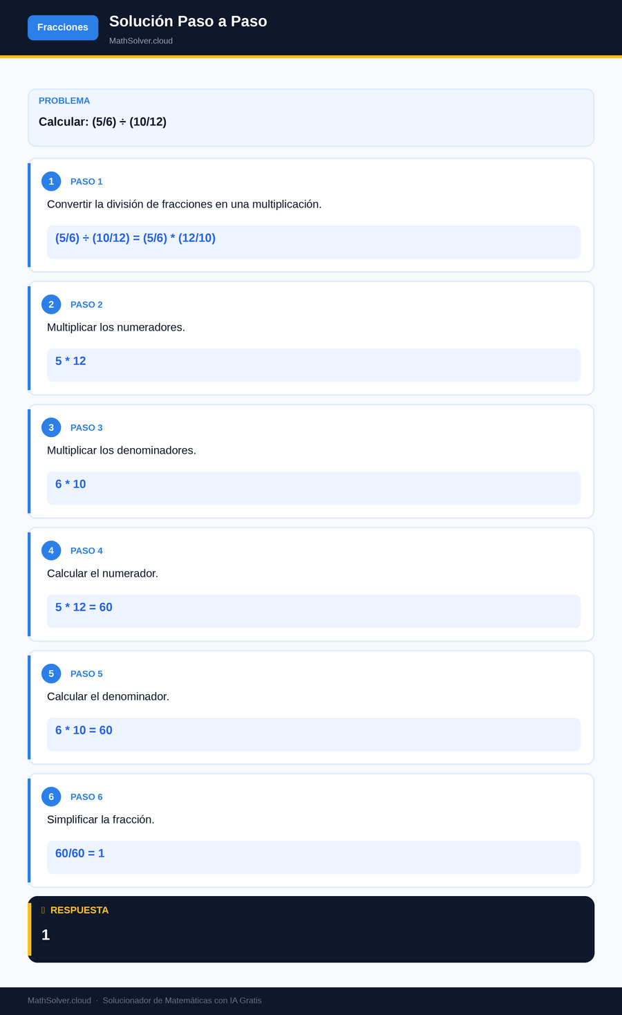 MathSolver resolviendo el ejemplo 2 — Fracciones