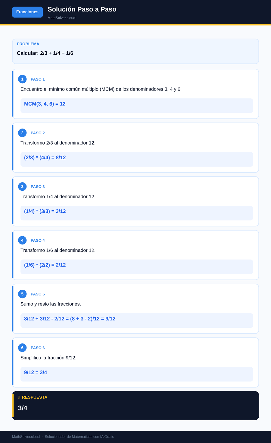 MathSolver resolviendo el ejemplo 1 — Fracciones
