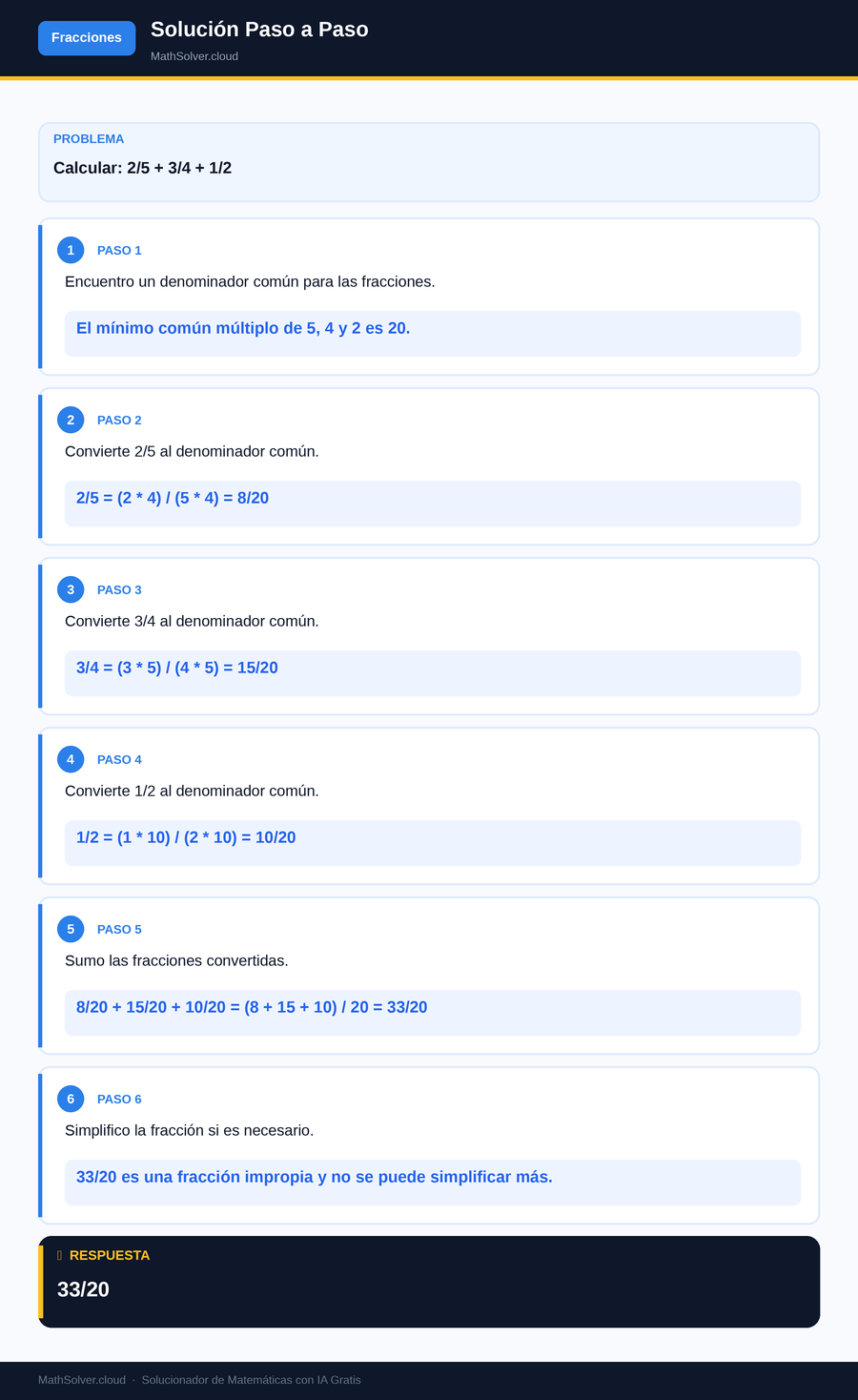 MathSolver resolviendo el ejemplo 2 — Fracciones