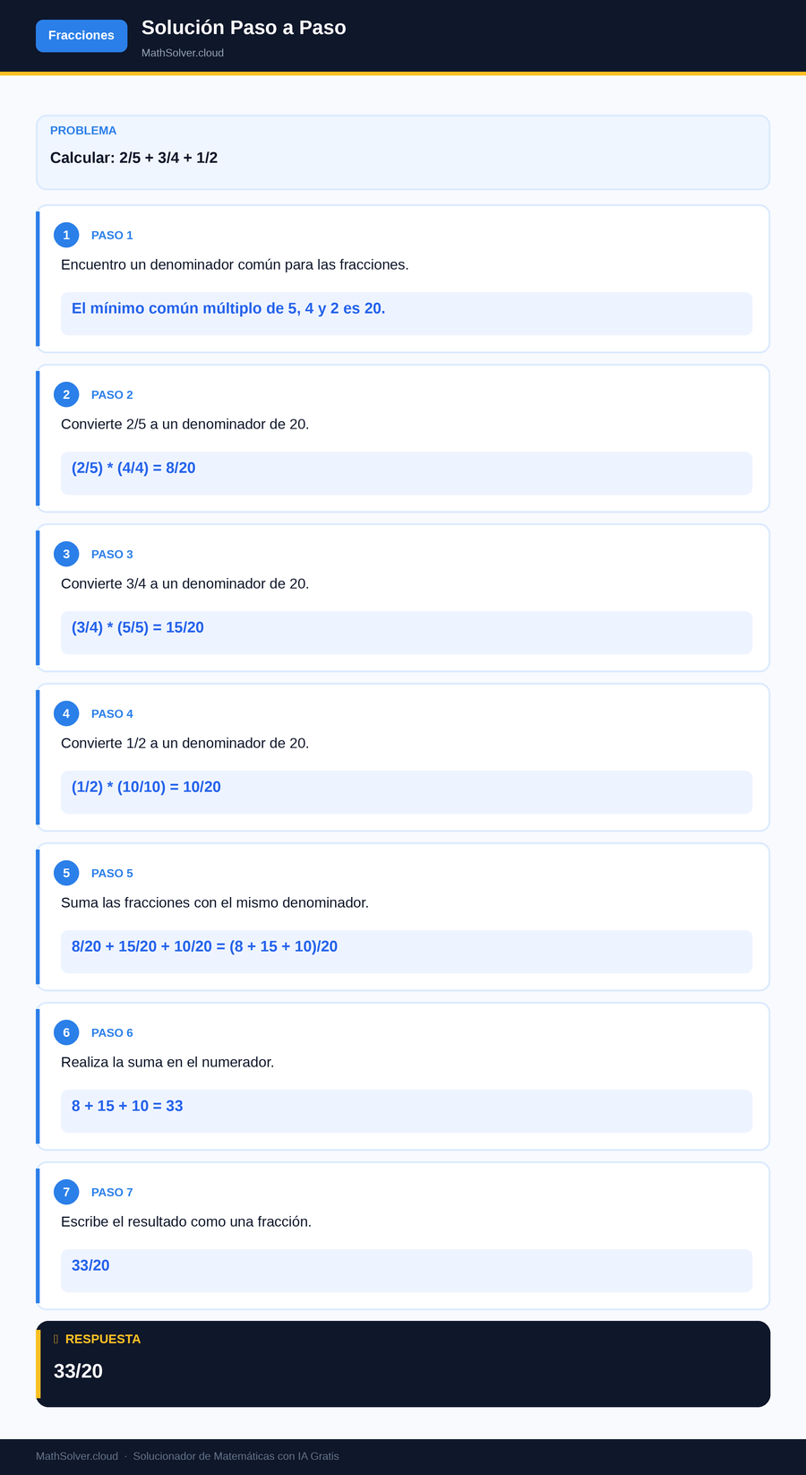 MathSolver resolviendo el ejemplo 2 — Fracciones
