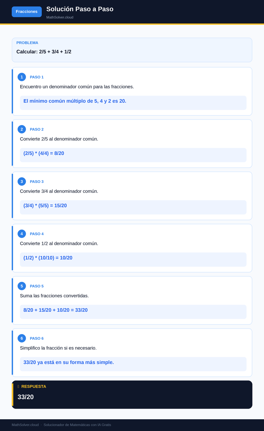 MathSolver resolviendo el ejemplo 2 — Fracciones