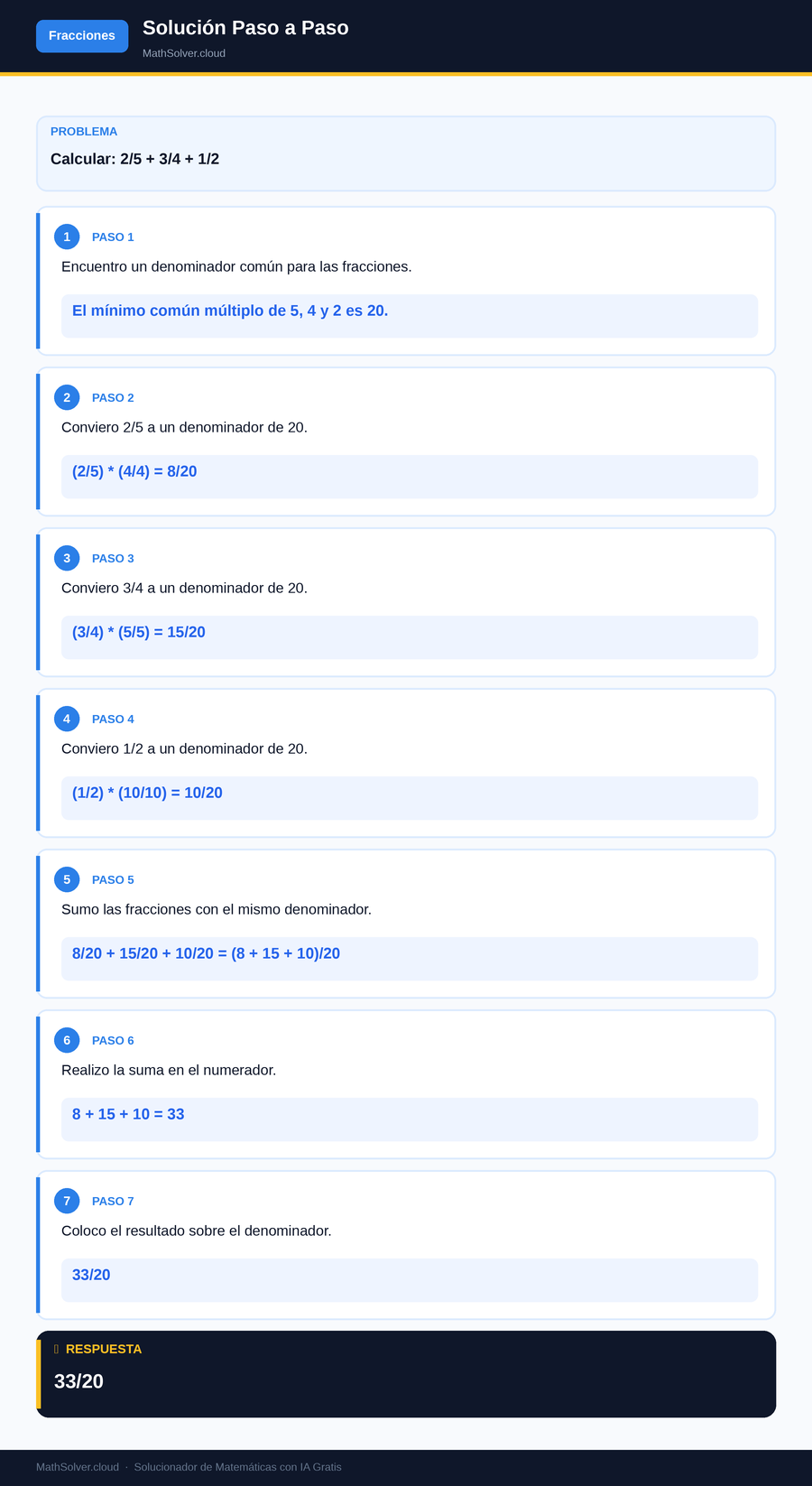 MathSolver resolviendo el ejemplo 2 — Fracciones