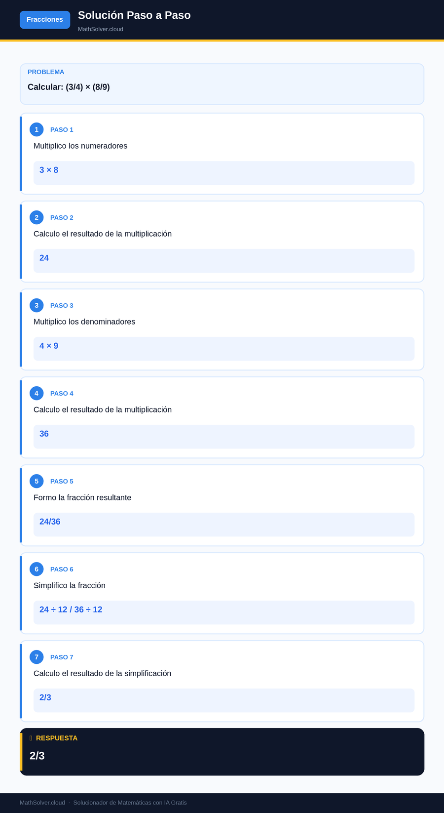 MathSolver resolviendo el ejemplo 2 — Fracciones