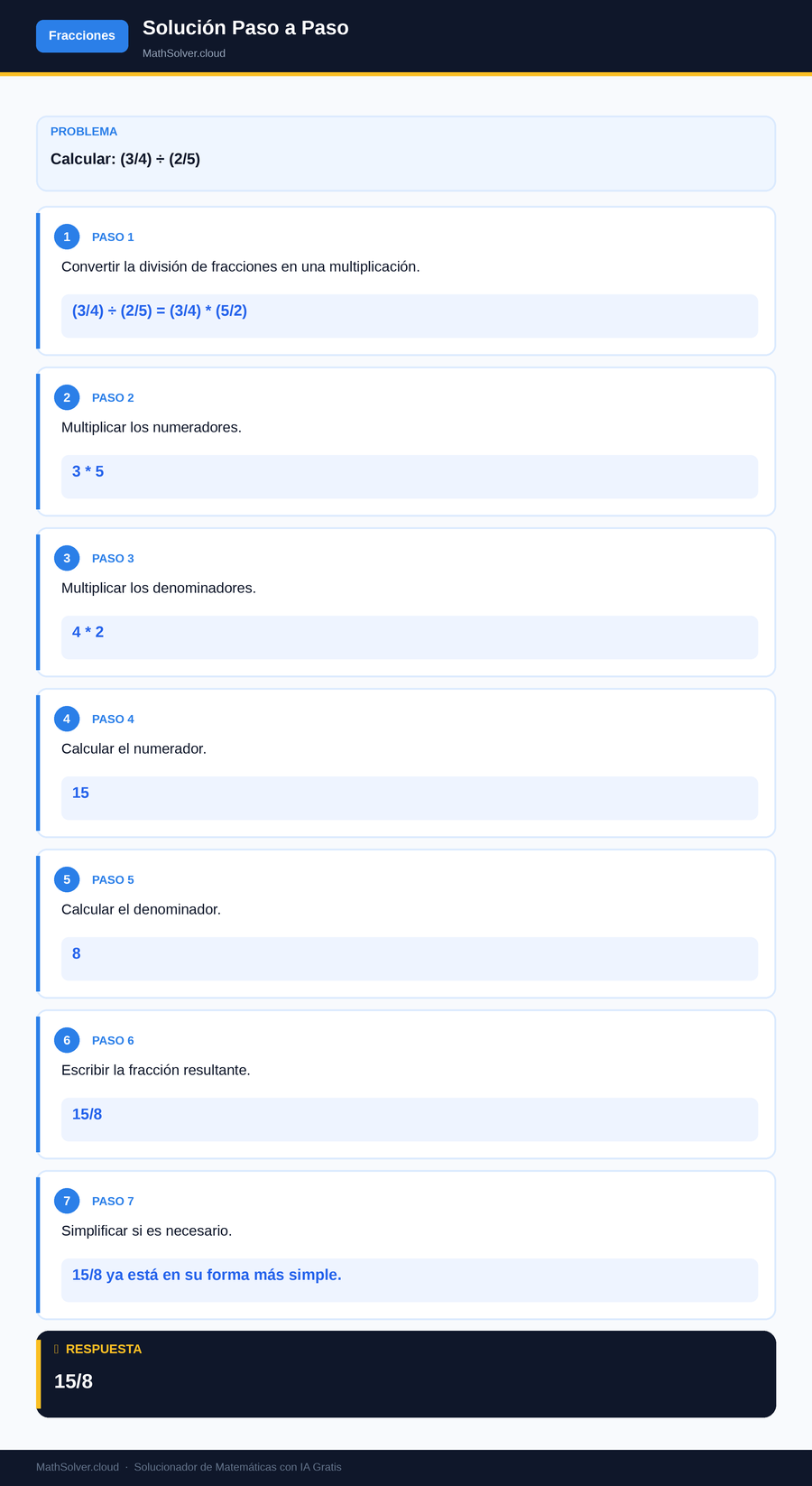 MathSolver resolviendo el ejemplo 1 — Fracciones