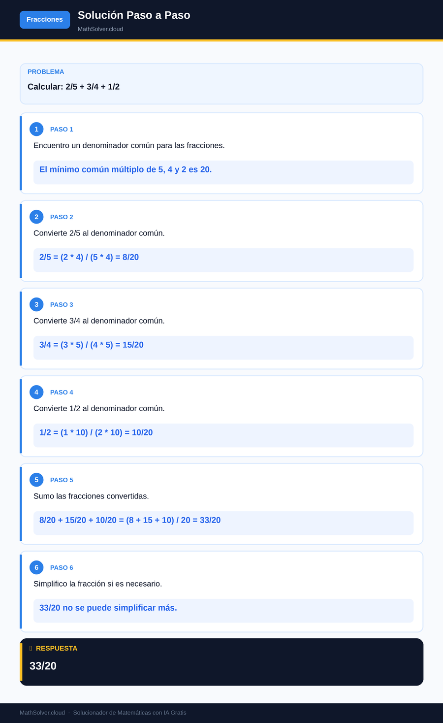 MathSolver resolviendo el ejemplo 2 — Fracciones