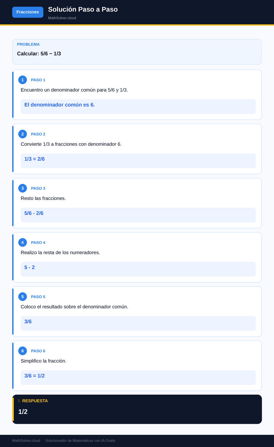 MathSolver resolviendo el ejemplo 1 — Fracciones