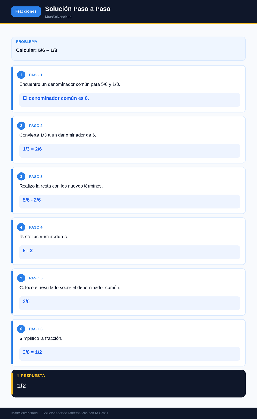 MathSolver resolviendo el ejemplo 1 — Fracciones