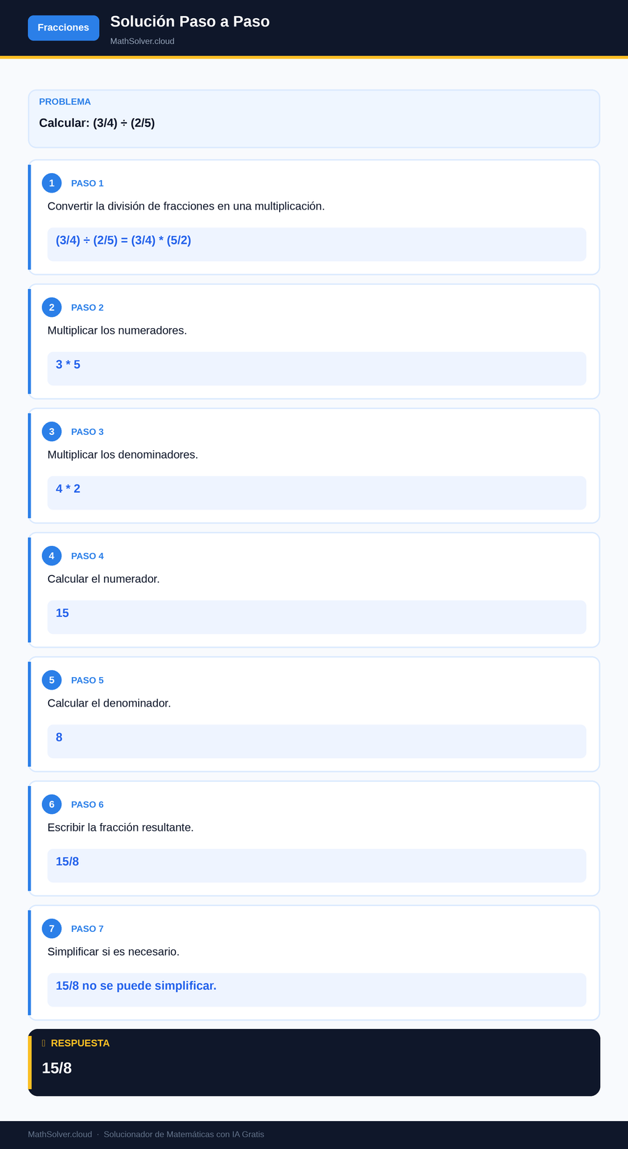 MathSolver resolviendo el ejemplo 1 — Fracciones