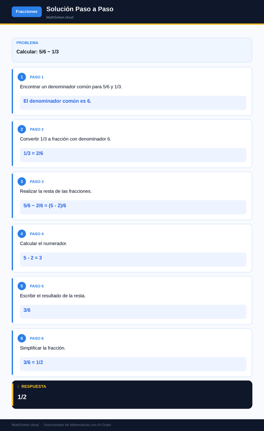 MathSolver resolviendo el ejemplo 1 — Fracciones