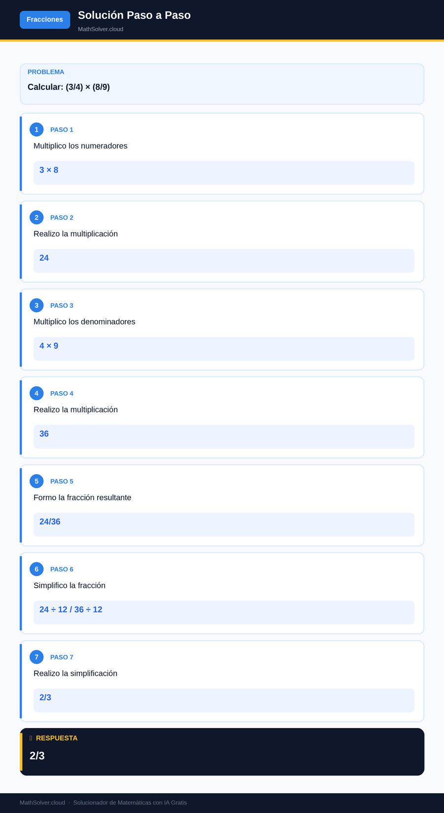 MathSolver resolviendo el ejemplo 2 — Fracciones