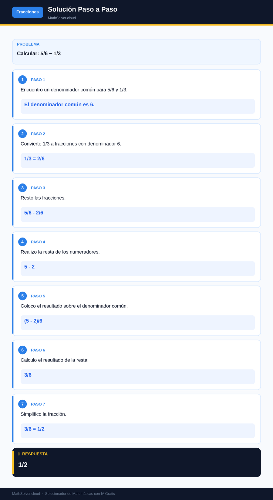MathSolver resolviendo el ejemplo 1 — Fracciones