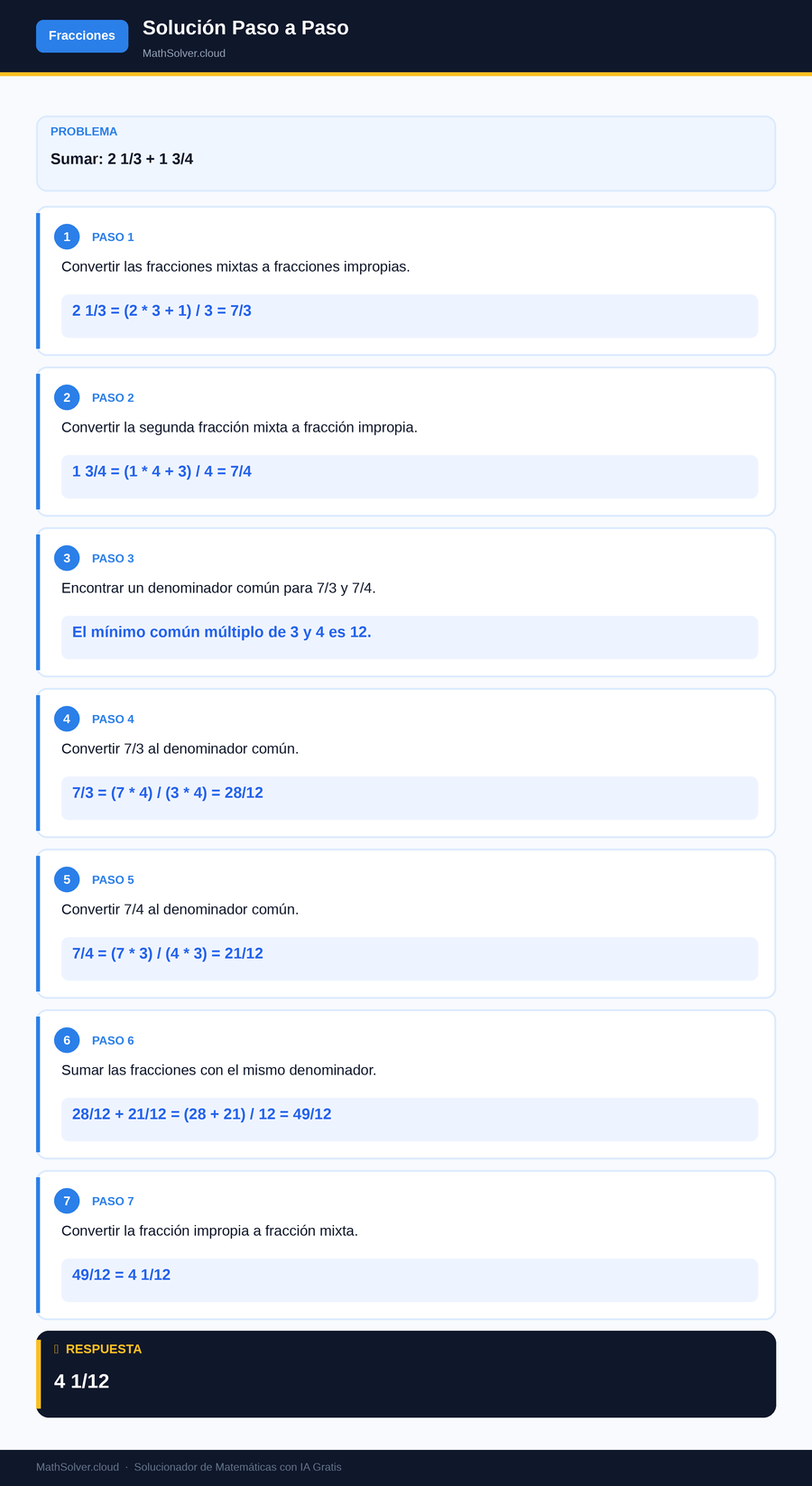 MathSolver resolviendo el ejemplo 2 — Fracciones