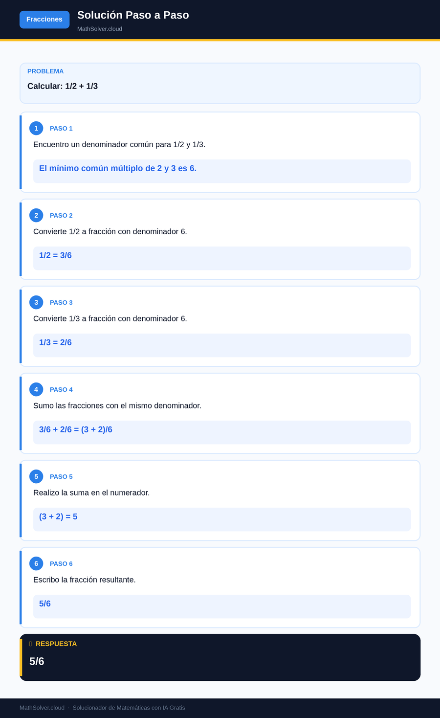 MathSolver resolviendo el ejemplo 1 — Fracciones