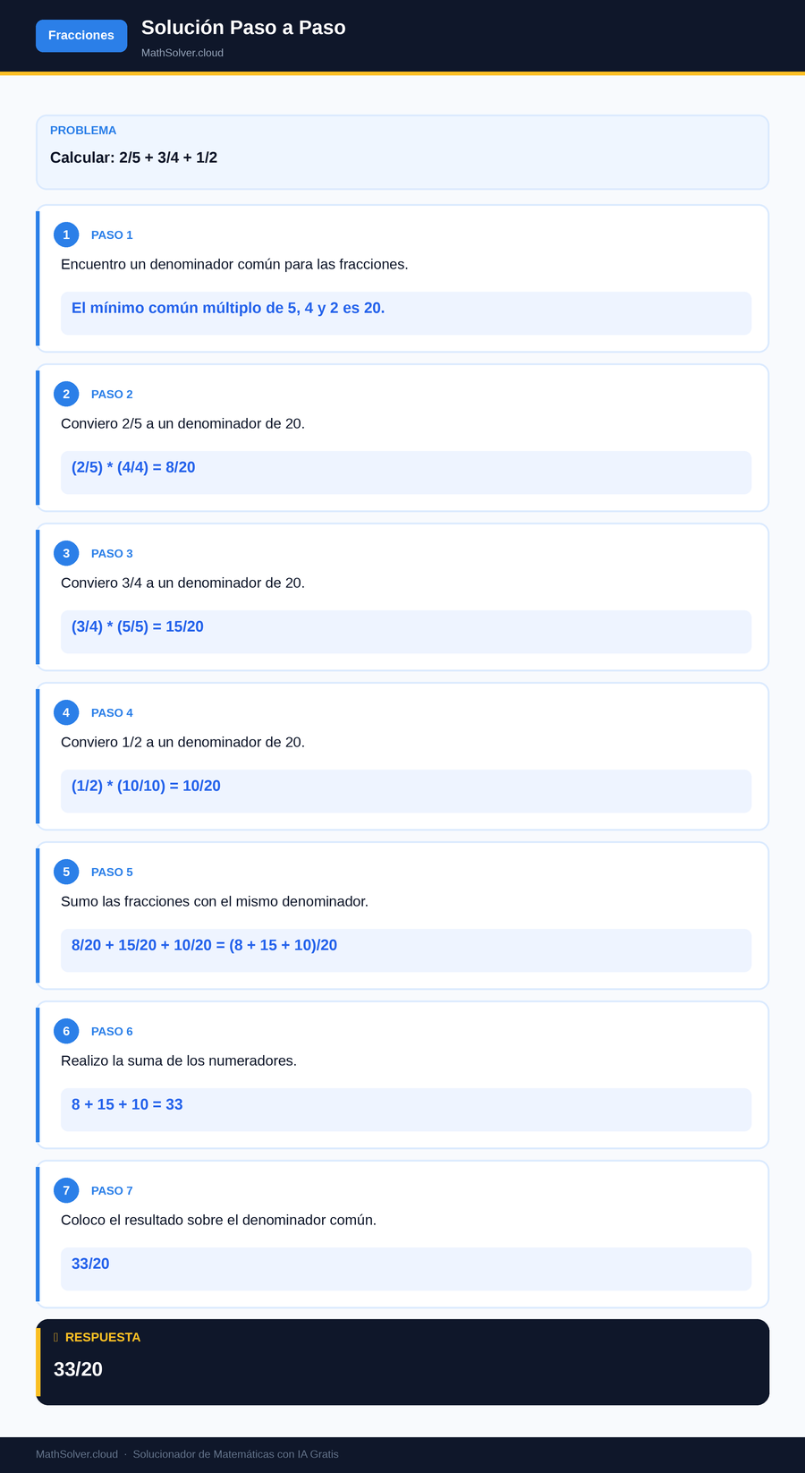 MathSolver resolviendo el ejemplo 2 — Fracciones