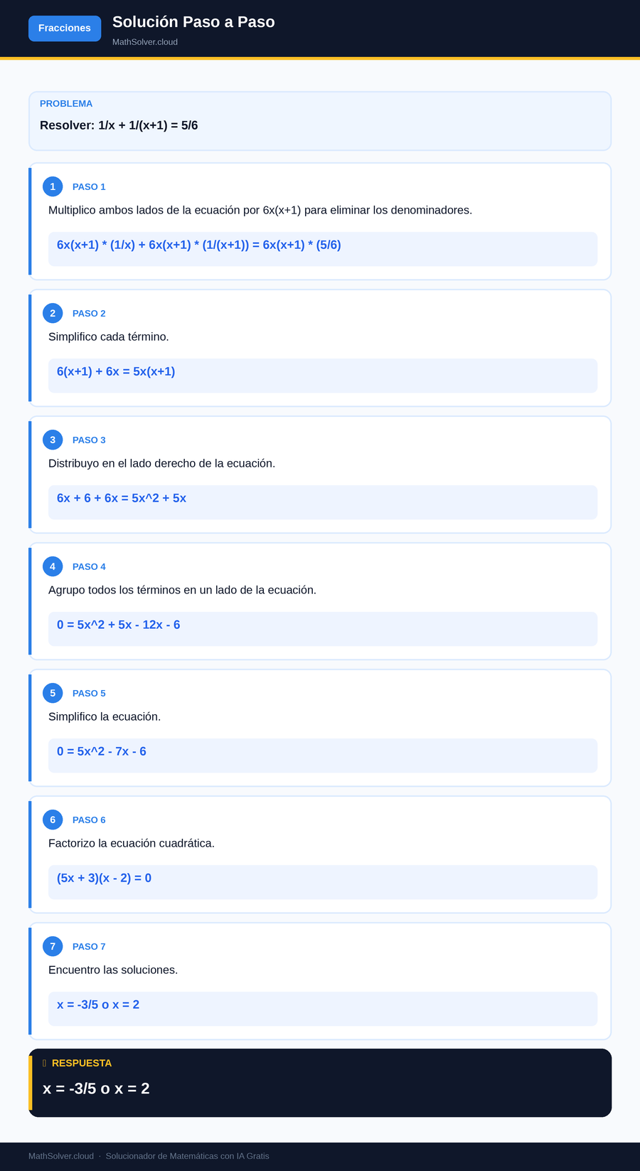 MathSolver resolviendo el ejemplo 2 — Fracciones